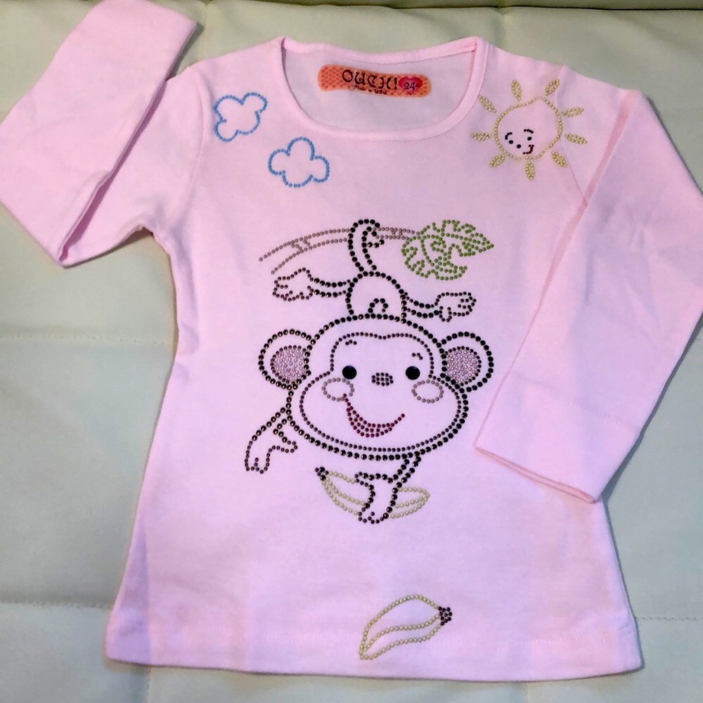 Ouch!-Long slv shirt w/ beaded monkey pattern.Pink/Multicolor beads/Size 18m/24m